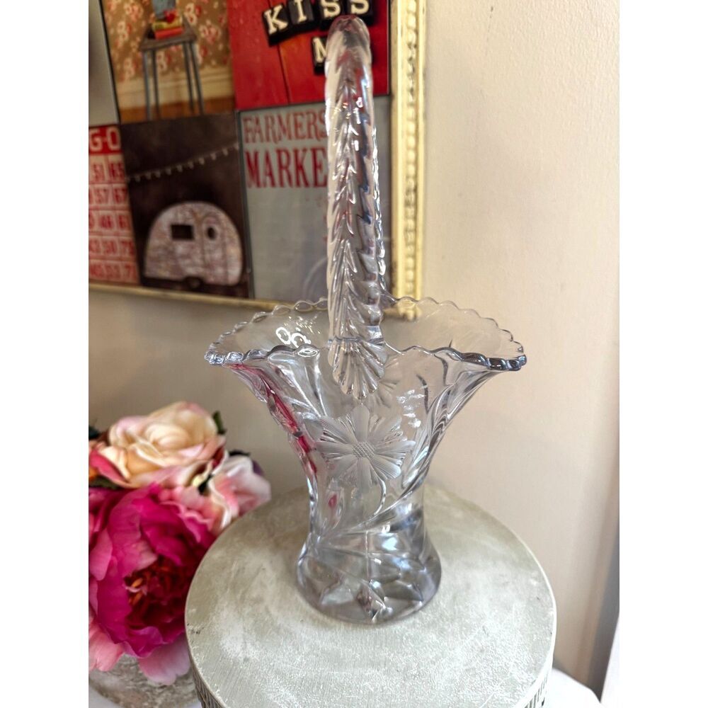Vintage cut glass basket with top handle; gorgeous